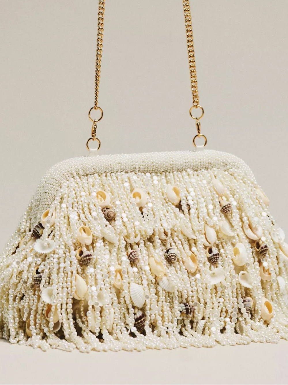 Celandine Beaded Shell Fringe Chain Shoulder Clutch Cream - Picture 2 of 10